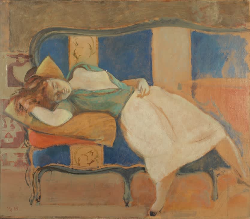 Balthus, 'Étude pour ‘Le Rêve I’', 1954. Oil on canvas, 31 1/2 x 36 1/4 in. (80 x 92 cm). Image: Private Collection, Courtesy of Luxembourg + Co., © ADAGP, Paris and DACS, London 2023.