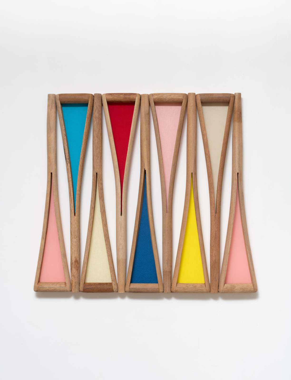 Alexandre da Cunha, 'Vitral (lateral window)', 2023, shovel handles, clothing fabric, tea towel, t-shirt, 76 x 90 x 6 cm, 30 x 35 1/2 x 2 1/4 in. © Alexandre da Cunha. Courtesy the artist and Thomas Dane Gallery. Photo: © Edouard Fraipont.