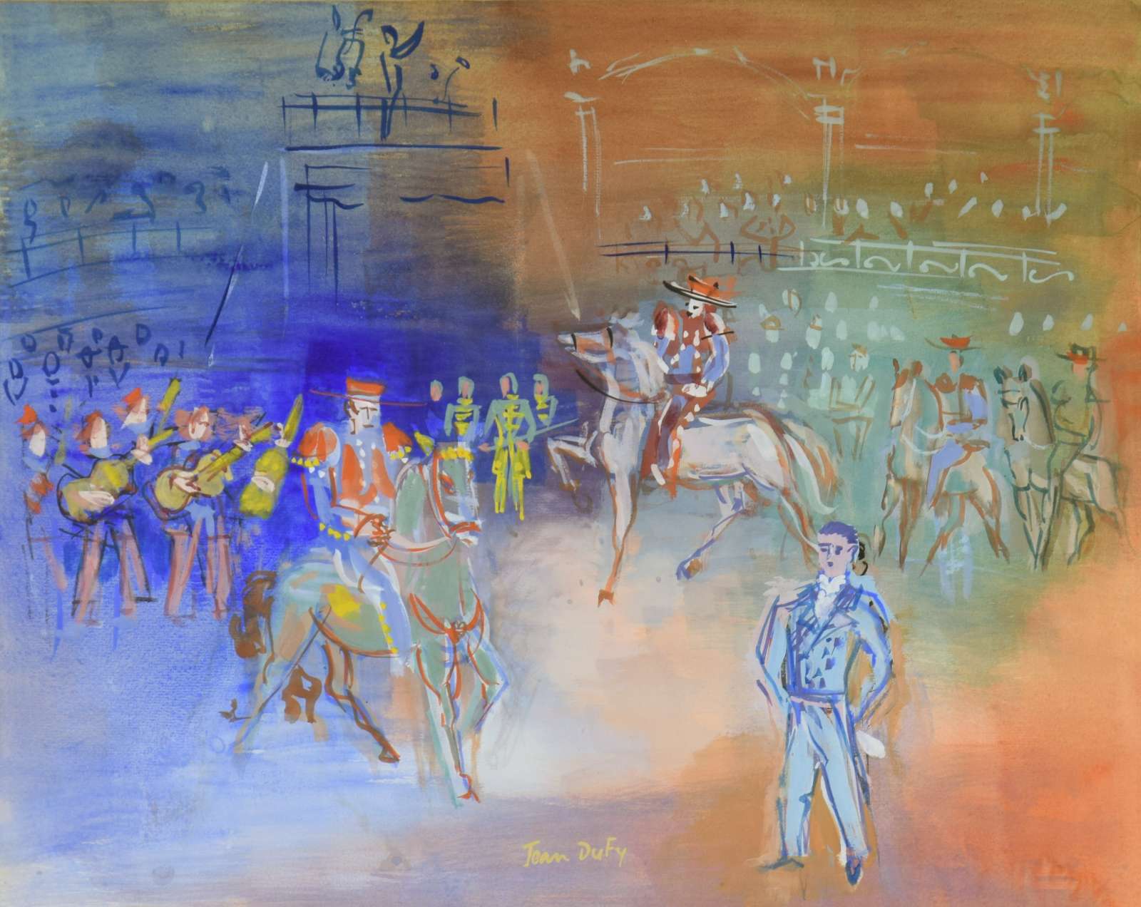 JEAN DUFY, Parade Mexicaine, Gouache on Ingres paper, 45.1 x 55.6 cm (173/4 x 217/8 inches), Signed lower centre, Jean Dufy, Executed circa 1948-1950