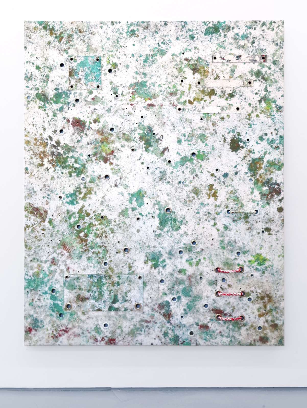 Christopher Stead, 'SYNTAX ERROR', 2022. Re-purposed computer parts, electrical wires, ropes, nets and hand-torn canvas, alkyd resin, acrylic and oil paint, bound to recovered mattresses, 200 x 285 x 12 cm. Courtesy the artist and FOLD.