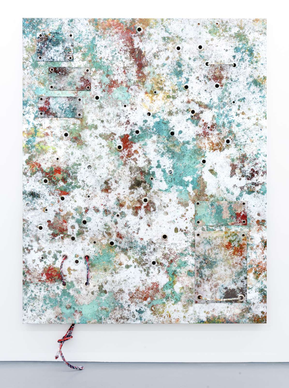 Christopher Stead, 'PEPPERED POETRY', 2022. Alkyd resin and acrylic, sand-painting with brass eyelets and polyethylene rope, 200 x 160 cm. Courtesy the artist and FOLD.