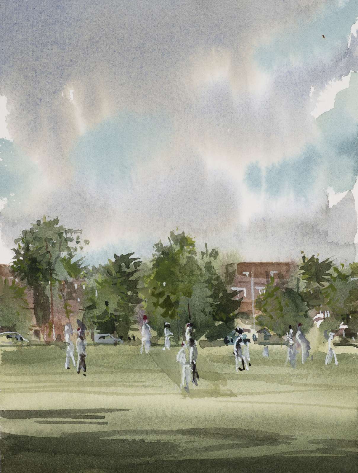 Shibu Natesan, 'Springfield Cricket Match', 2022. Watercolour on paper, 14.5 x 19.5 cm, 5 3/4 x 7 5/8 in.