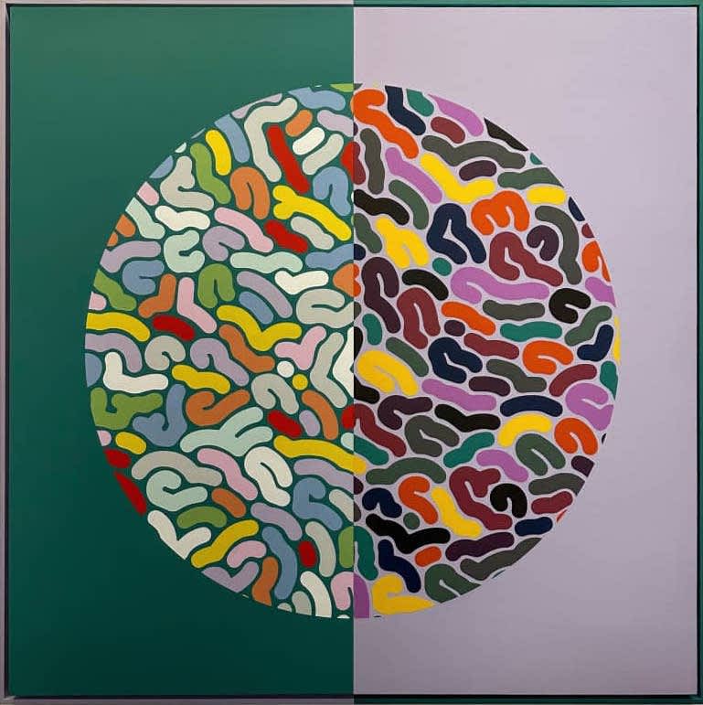 Lefty Out There, 'Counterbalance', 2023. Acrylic, Birch, Poplar, 119.38 cm x 119.38 cm x 5.08 cm