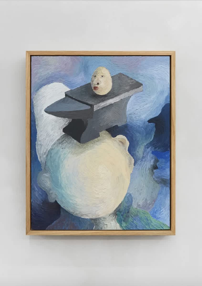 Jean-Philippe Dordolo, 'Ein von der Nacht geschmiedeter Bleiballon', 2022. Oil and cold wax on panel 53 x 43.1 x 4.6 cm (framed).