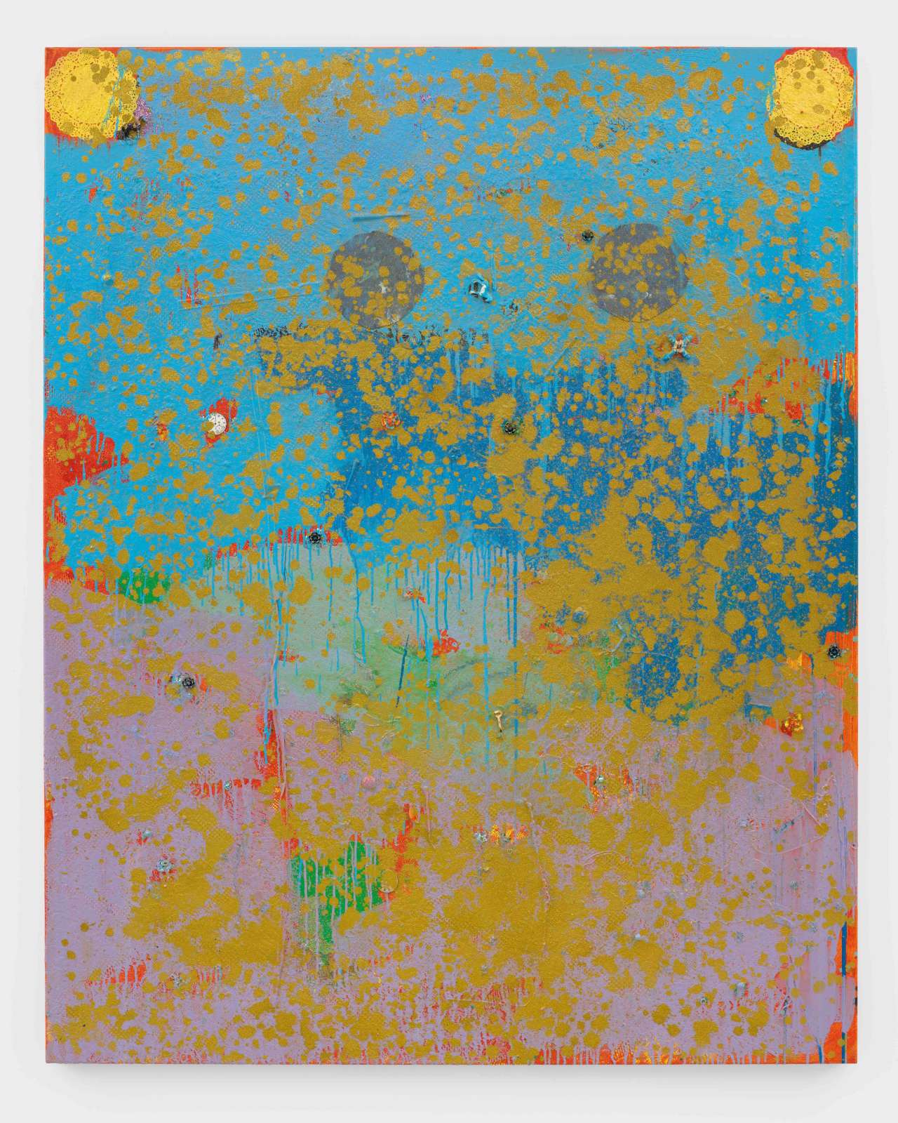 Tim Garwood, 'I wanna go higher', 2024. Acrylic, glitter, splintered wood, doilies, denim, plastic jewels, plastic toys, watch faces, drill bits and spray paint on net curtain over canvas, 200 × 160 cm.