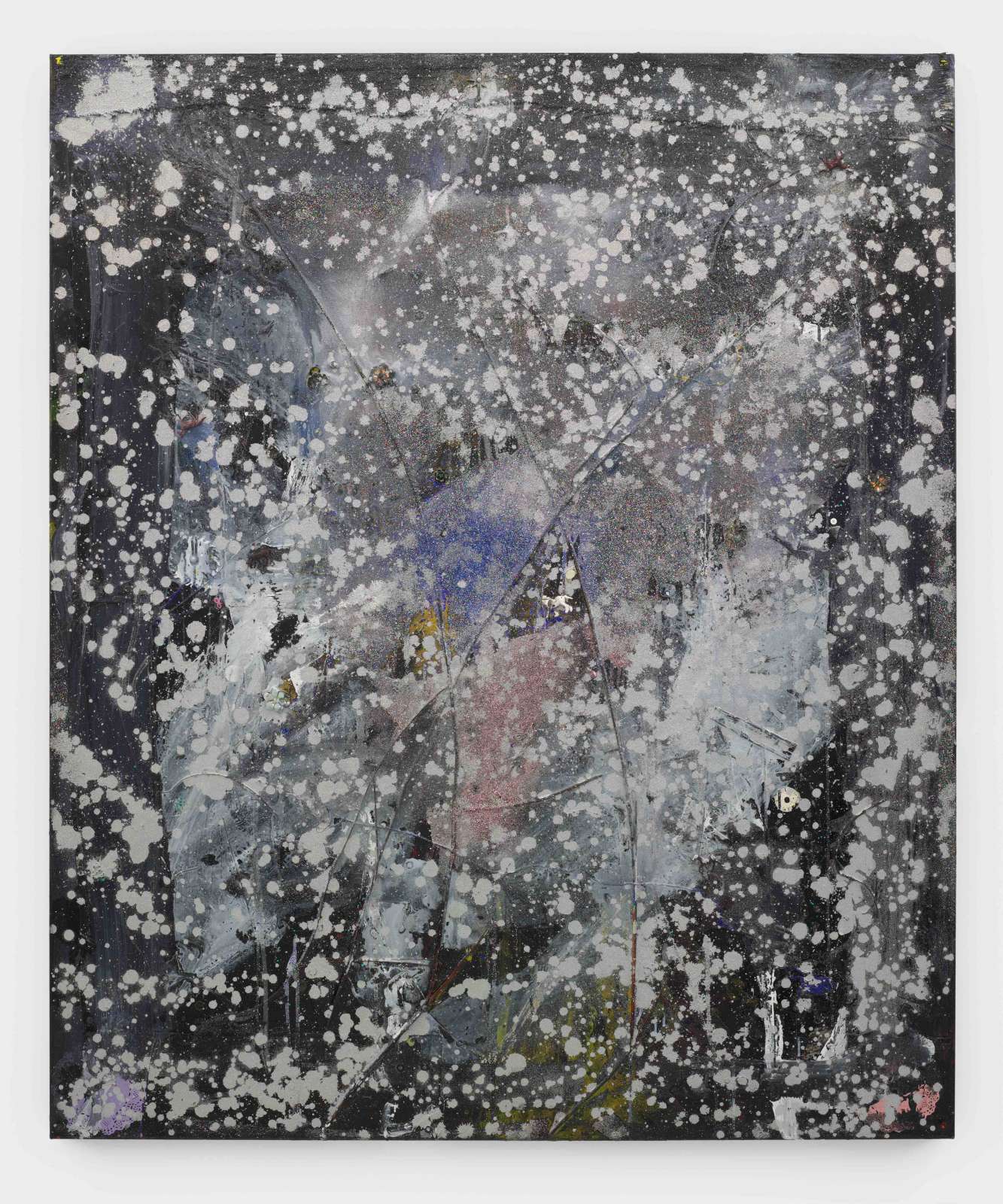 Tim Garwood, 'Night Garden', 2024. Acrylic, glitter, splintered wood, miscanthus leaves, jute, brooch, plastic jewels, plastic toys, watch face, circular saw blade, doilies, string, on canvas, 180 × 150 cm.