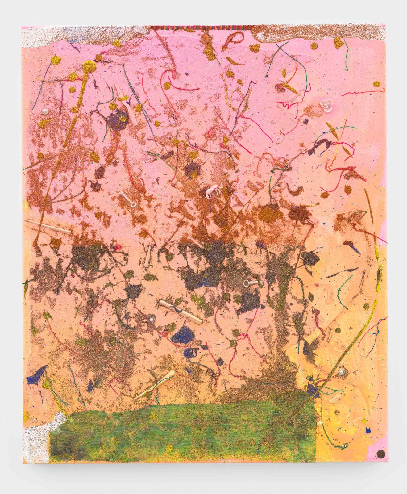 Tim Garwood, 'Sky through naked trees', 2024. Acrylic, glitter, splintered wood, plastic jewels, plastic toys, antique keys, watch face, string, net curtain and braid on canvas, 120 × 100 cm.
