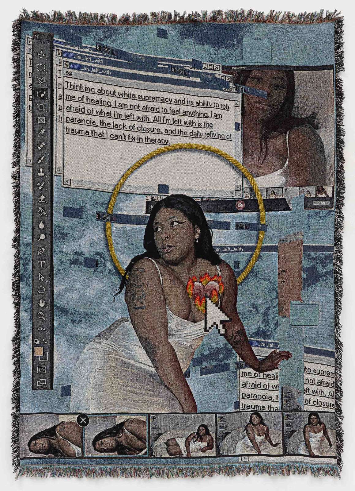 Qualeasha Wood, 'POWER OFF', 2023. Woven jacquard and glass seed beads 208.3 x 147.3 cm, 82 x 58 in.