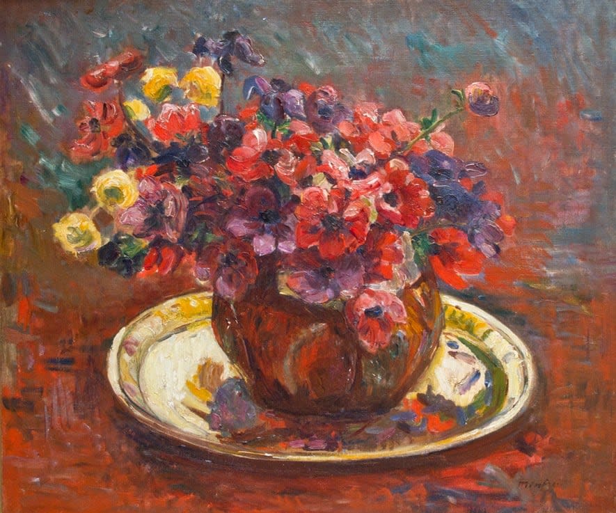 Floral Still Life with Brass Platter