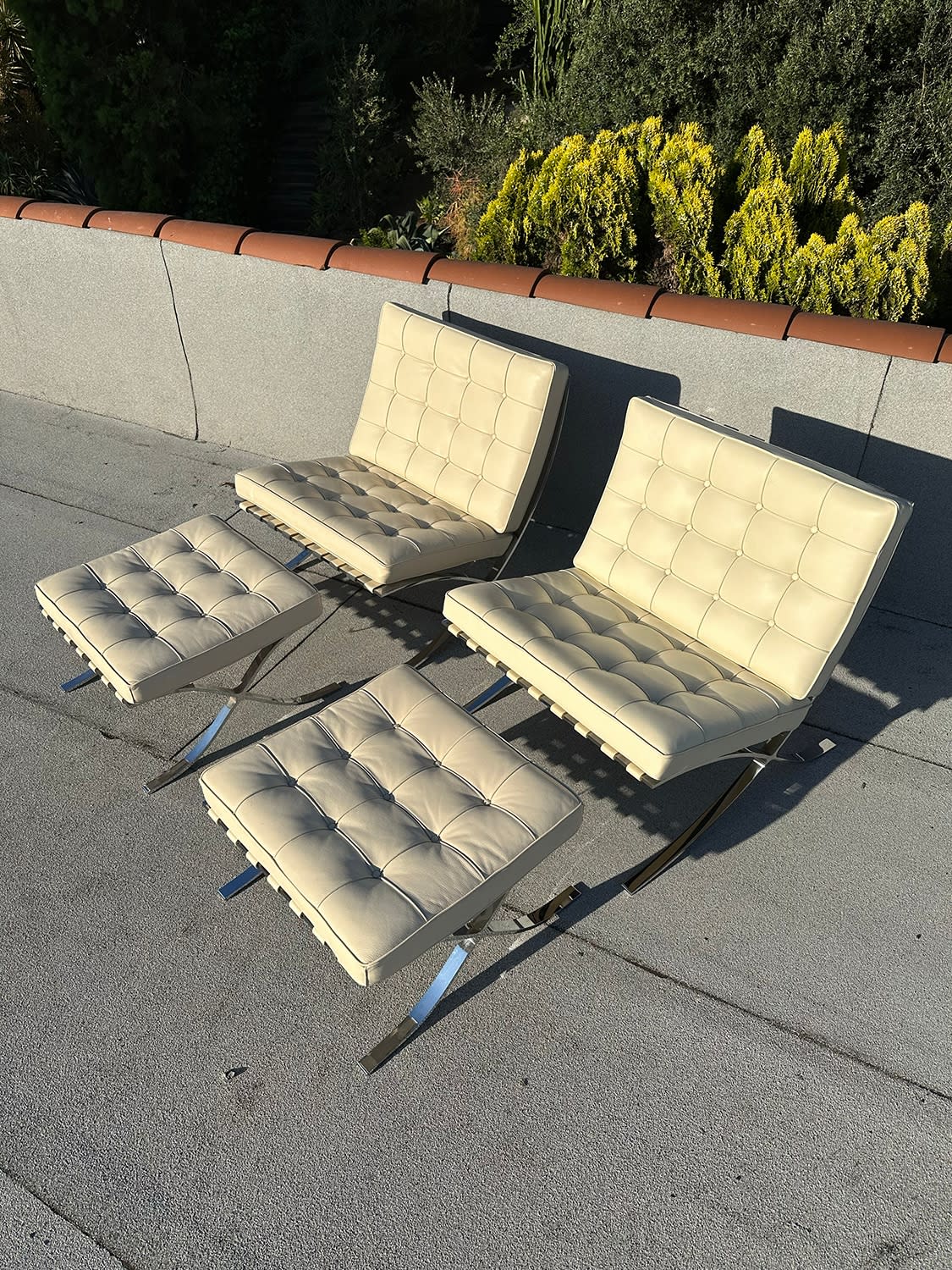 Pair of Barcelona Chairs with Otttomans