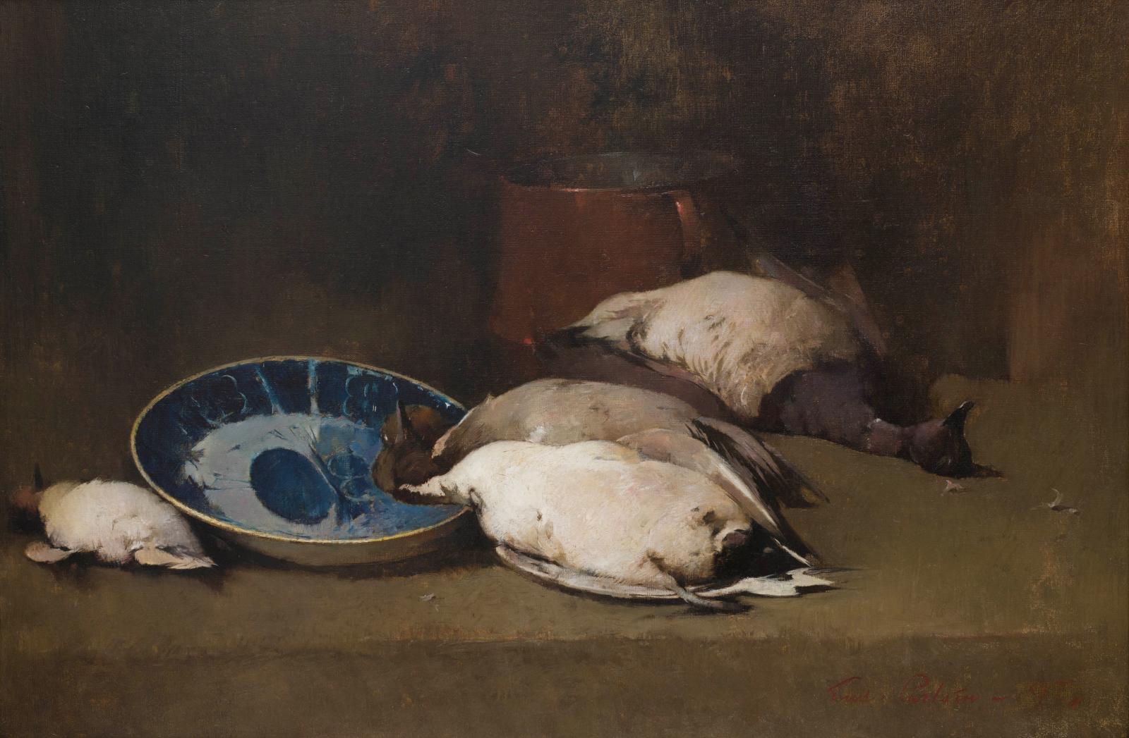 A still life with dead ducks on a table top