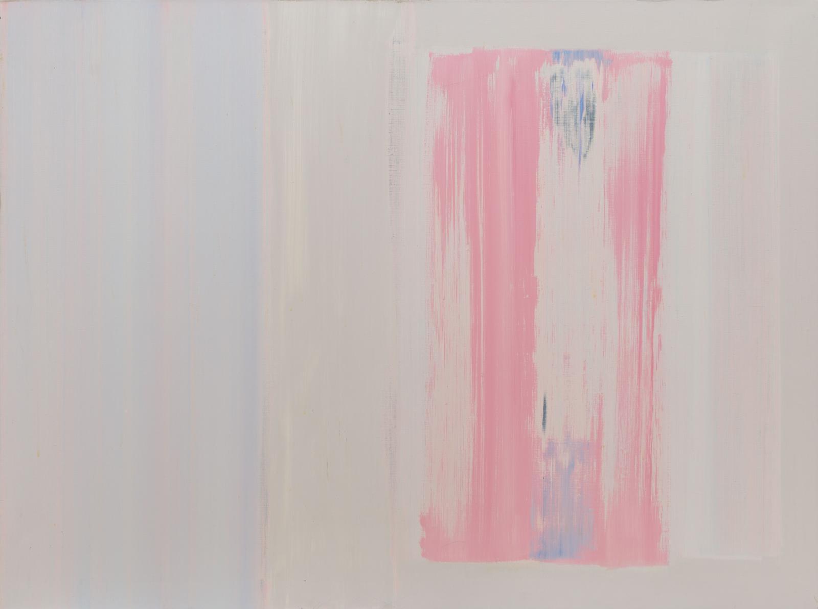 an abstract painting in warm yellow tones with a vertical pink element