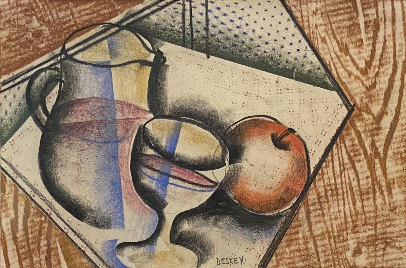 Cubist style drawing of a table top with a pitcher, apple, and glass
