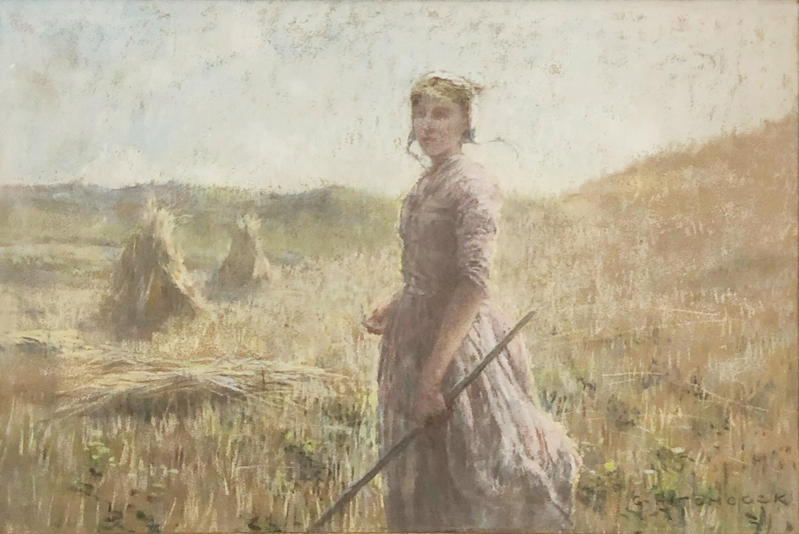 A rural landscape, a wheat field, the focus is on a single figure of a young girl