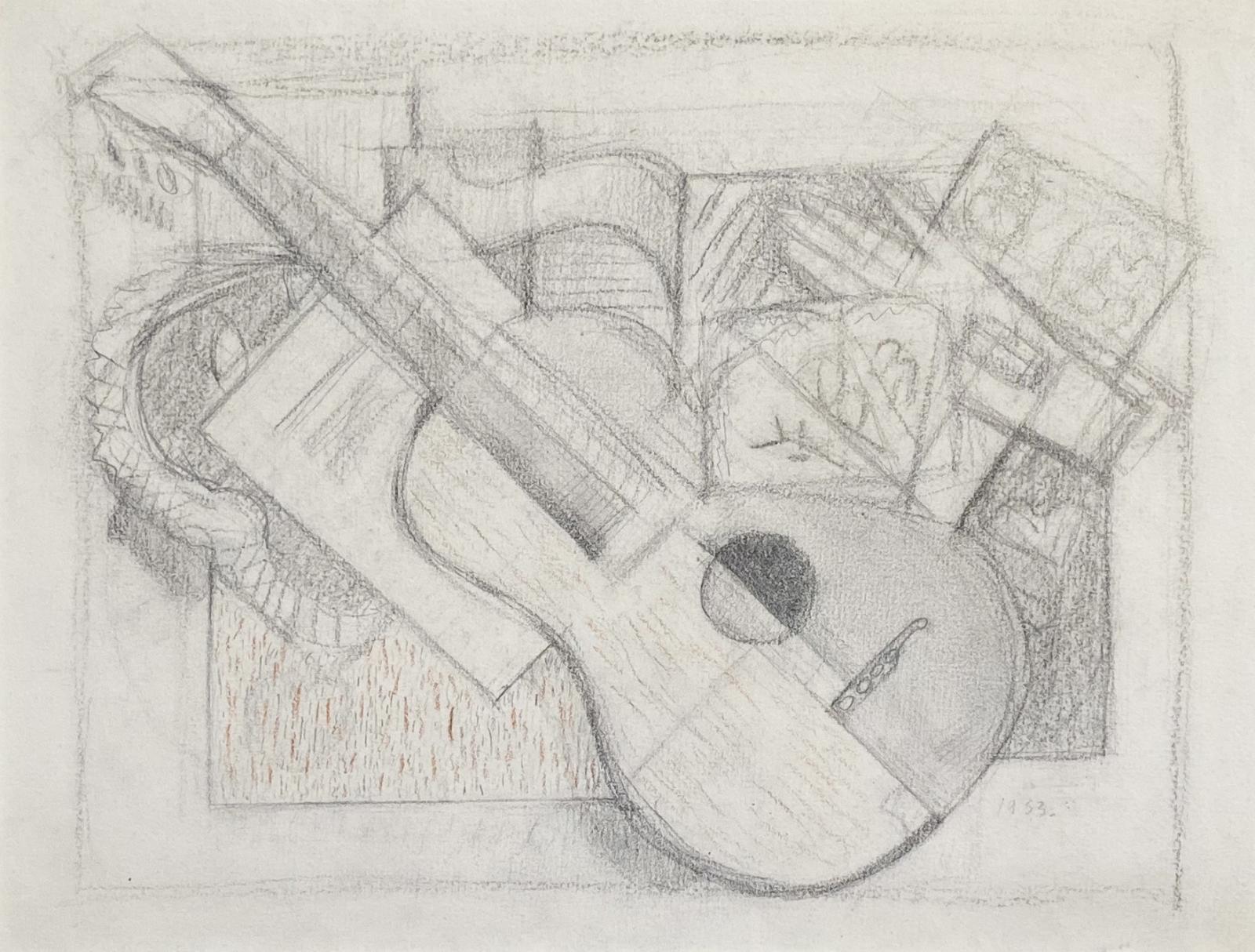 A pencil drawing in Cubist style of a guitar, as seen from above, and some papers