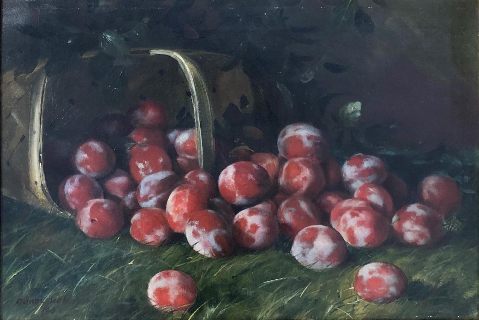 A painting of an upturned basket spilling prunes on to a lawn.
