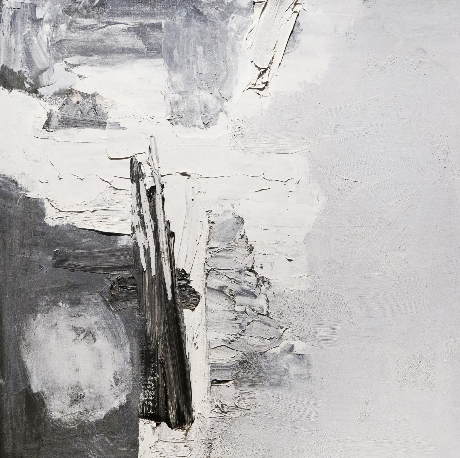 An abstract painting in black, grey, and white