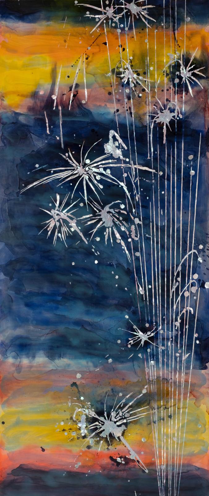 A tall narrow painting of a night sky with yellow and red firework streaks and explosons