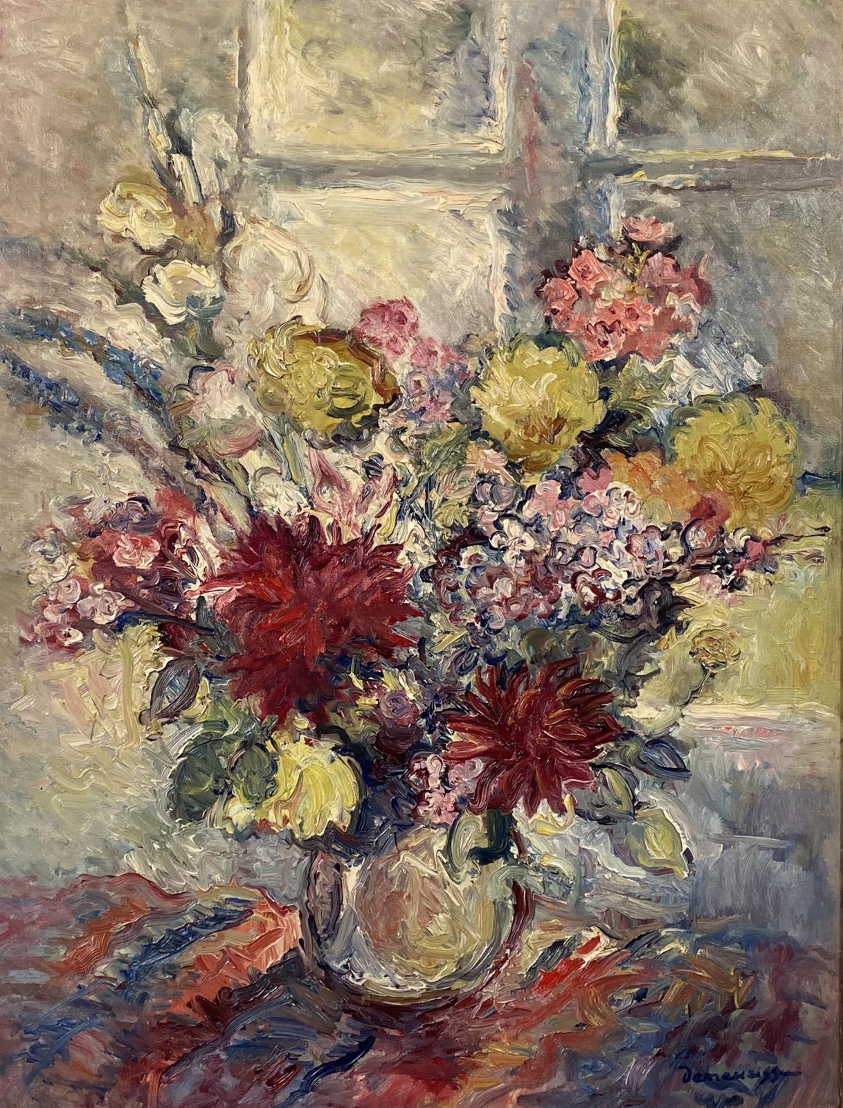 A colorful painting made with lively and thick strokes depicting a vase of flowers
