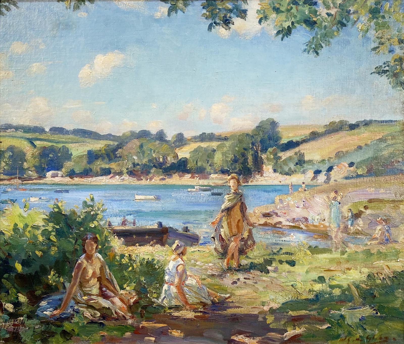 A bright landscape painted impressionistically featuring a lake, mountains, and figures in the foreground
