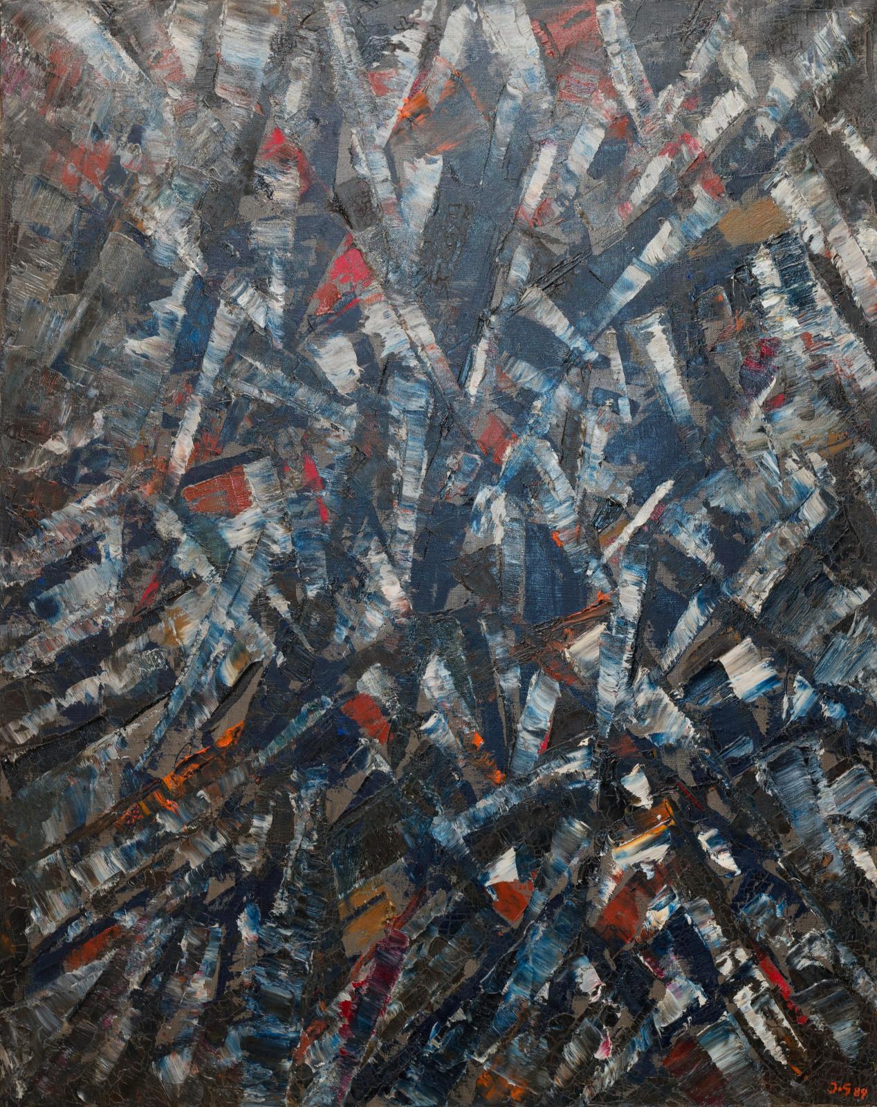 An abstract painting of sharp angular dark forms