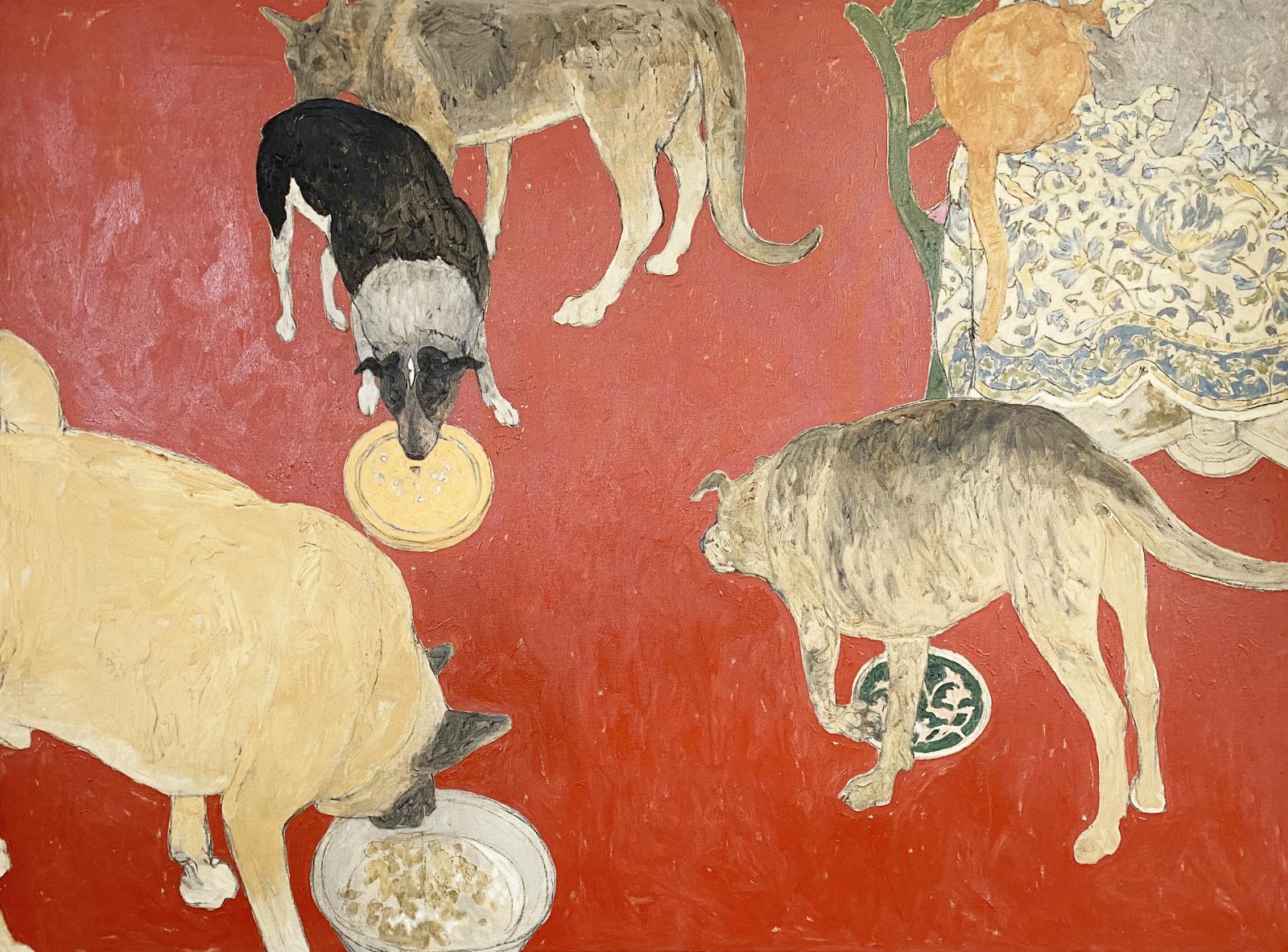 A stylized painting of four dogs eating from bowls, two cats on a table, all on a field of red