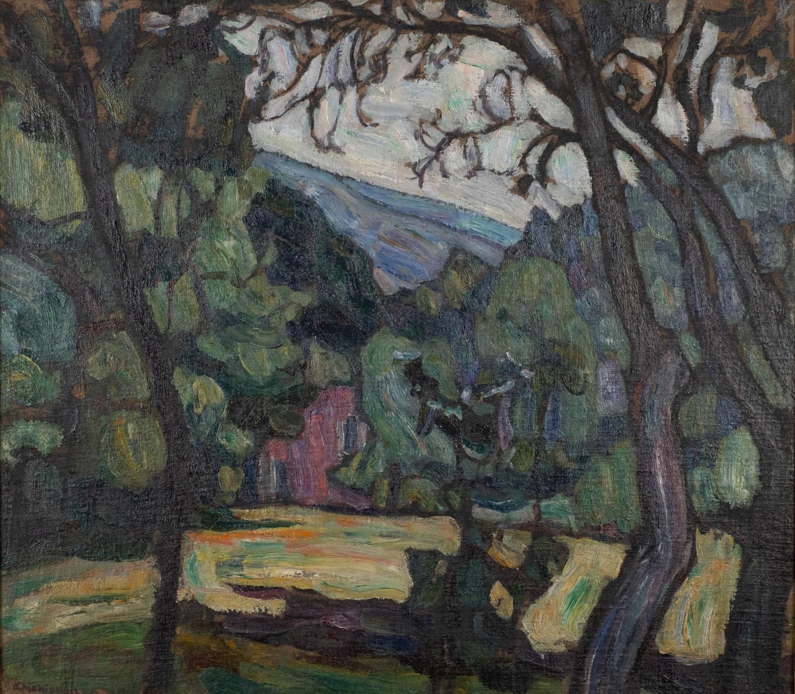 A dark landscape painting with trees and a red house
