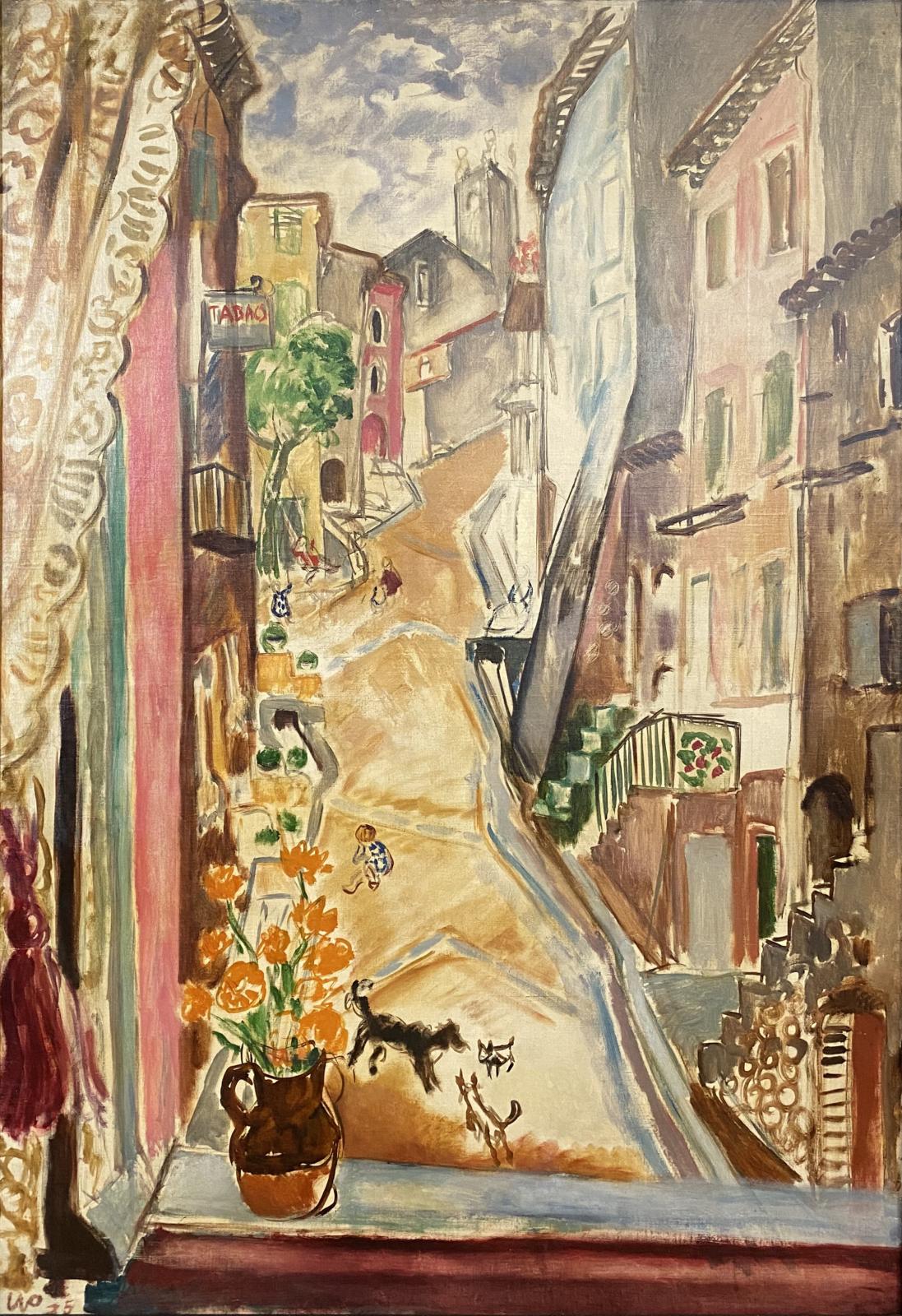 A painting of a crooked street in a Spanish village, seen through a window