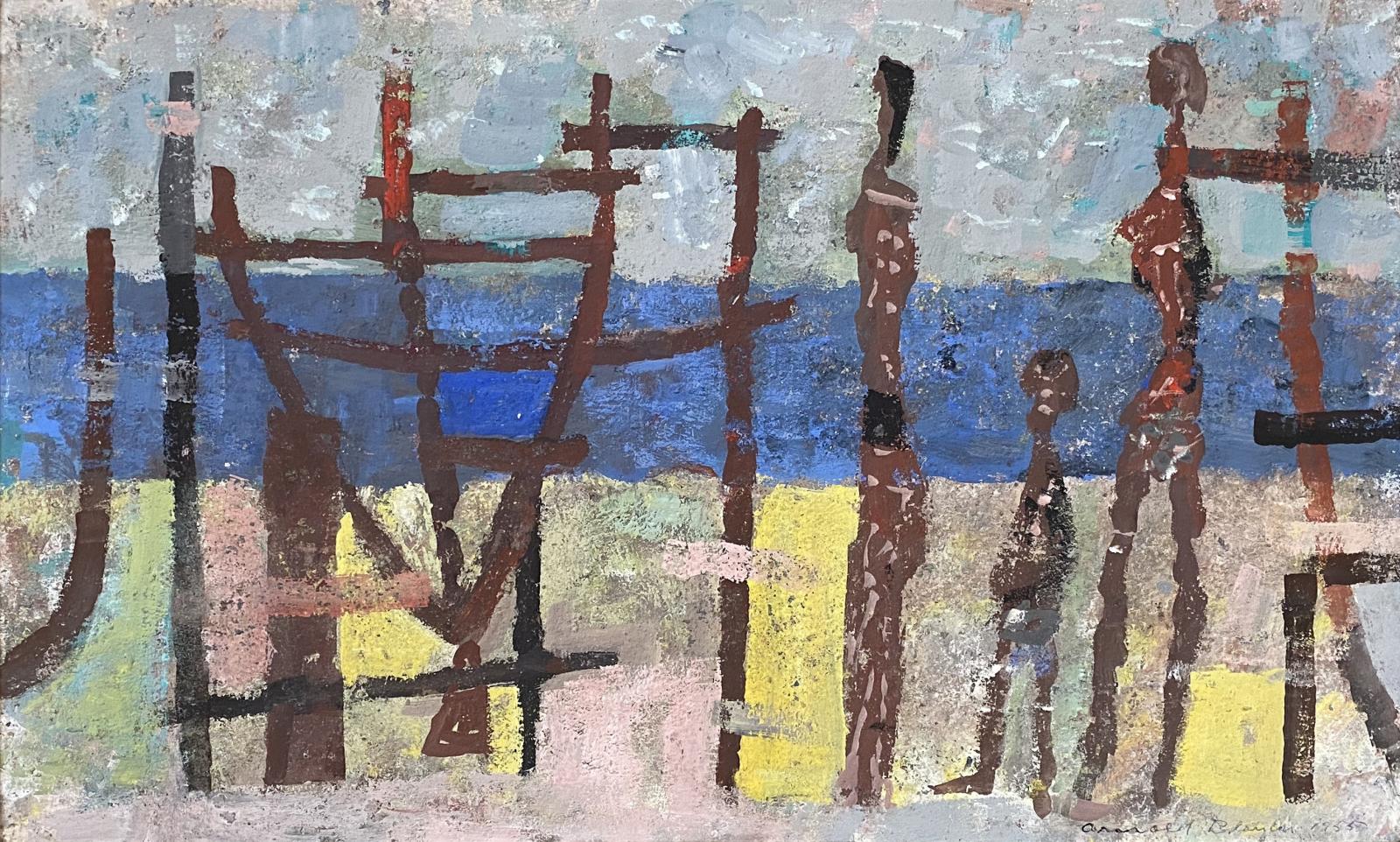 An abstracted beach scene with semi recognizable figures, beach, and water