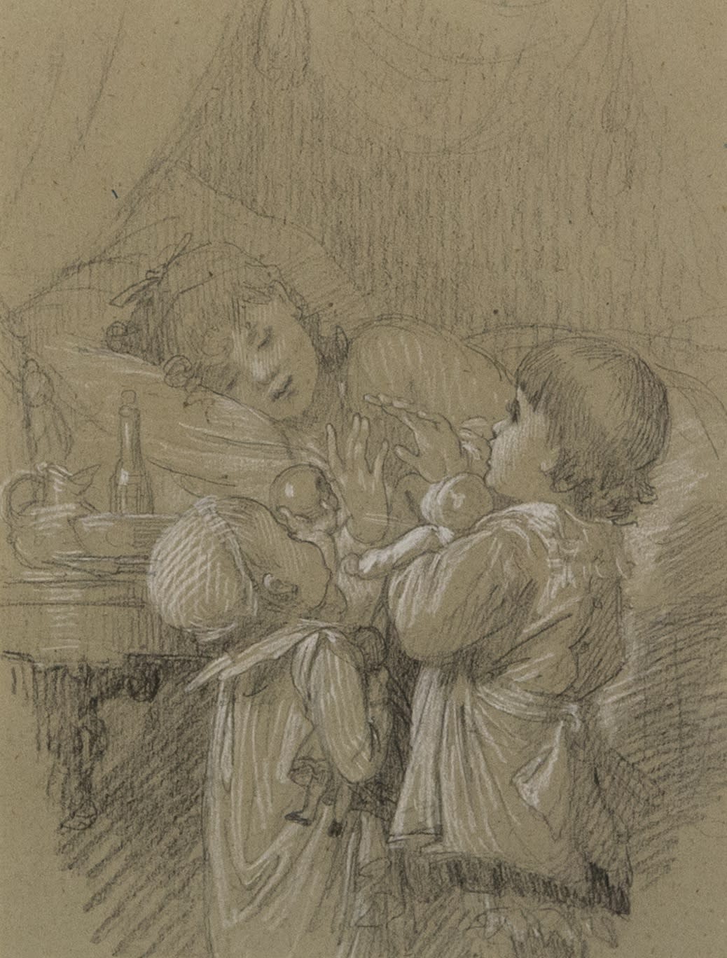 A Woman in Bed, with Two Children Bringing Gifts