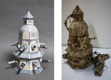 Bui Cong Khanh, Fortress Temple. Pair of hand-painted archaeological shards, before and after ocean-submersion (1), 2013