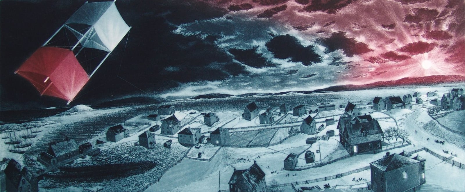 David Blackwood, Uncle Cluny's Kite over Wesleyville AP 7/10, 1989