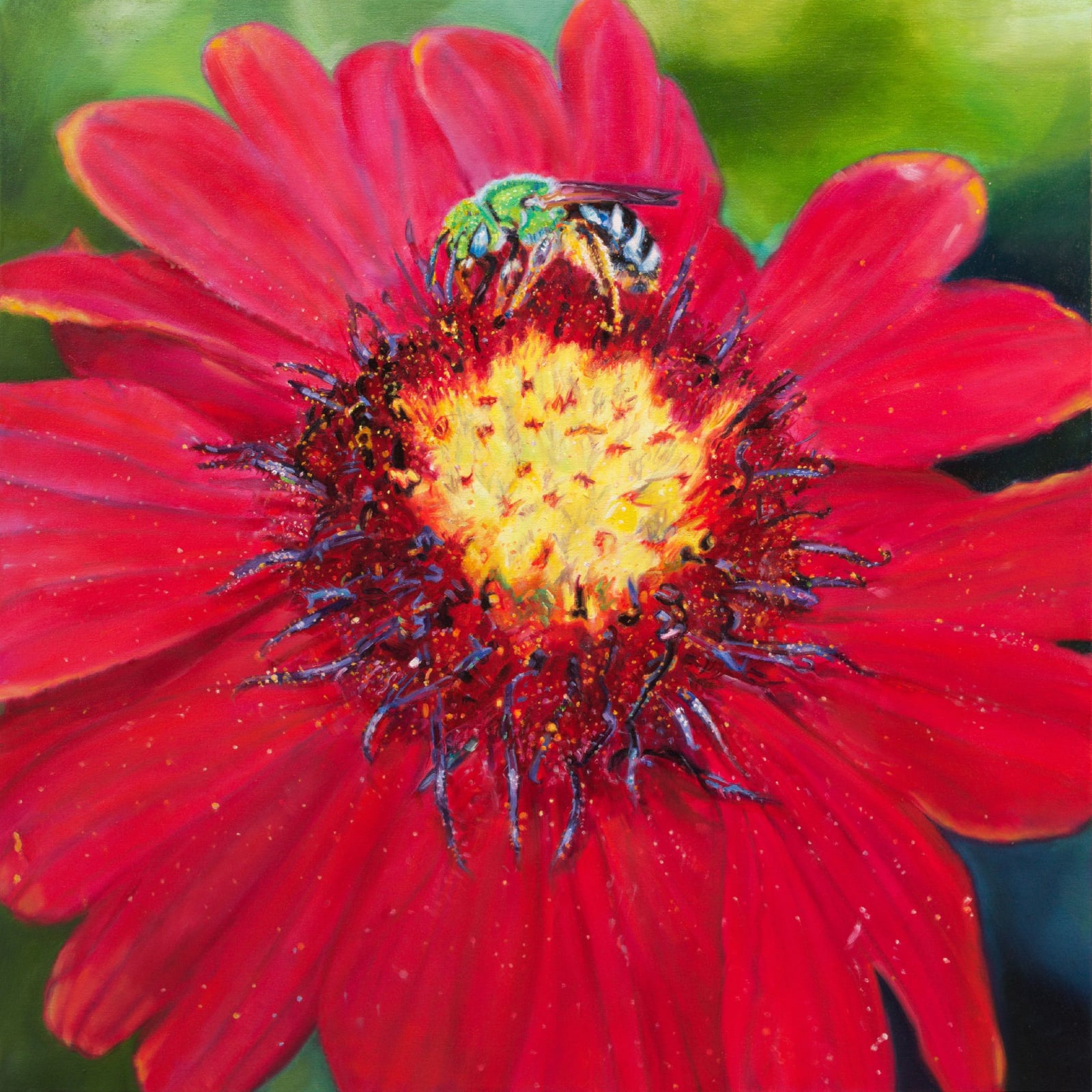 Jennifer Walton, Red Firewheel Green Bee, 2020
