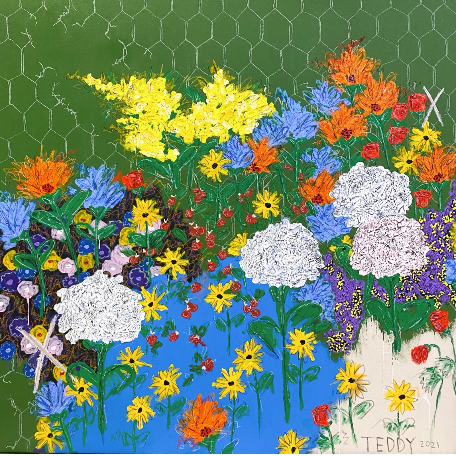 Teddy Benfield, Untitled (Pile of Flowers / Fence 2), 2021