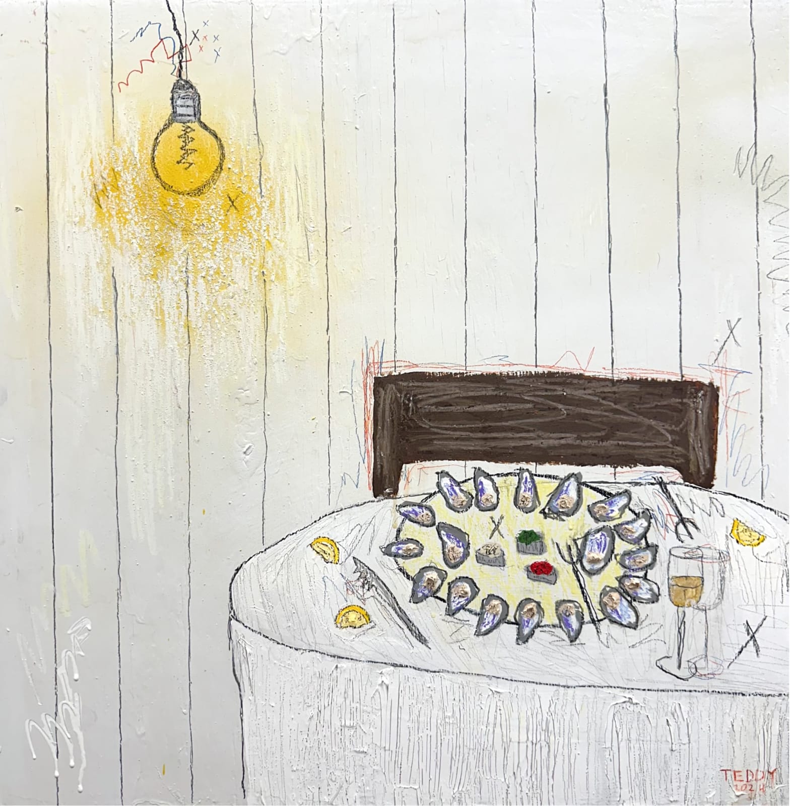 Teddy Benfield, Untitled (Oyster Dinner / Lightbulb), 2024