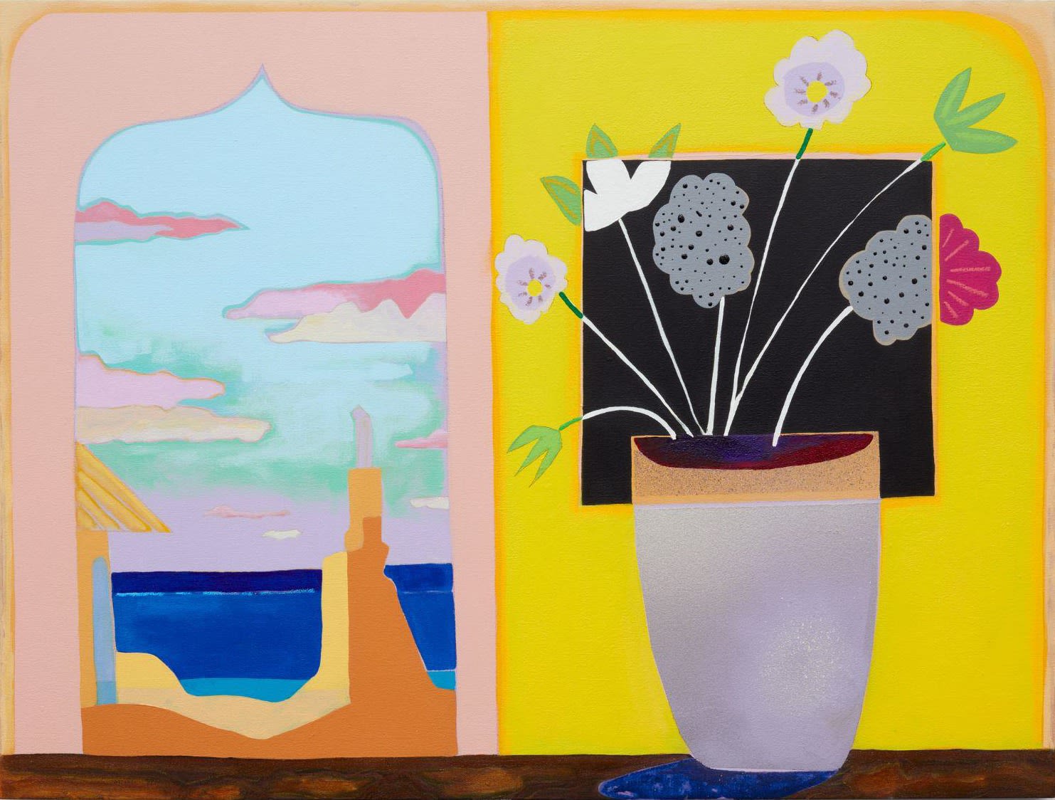 Luke Forsyth, Split Landscape (yellow/pink) Black and White Flowers, 2023