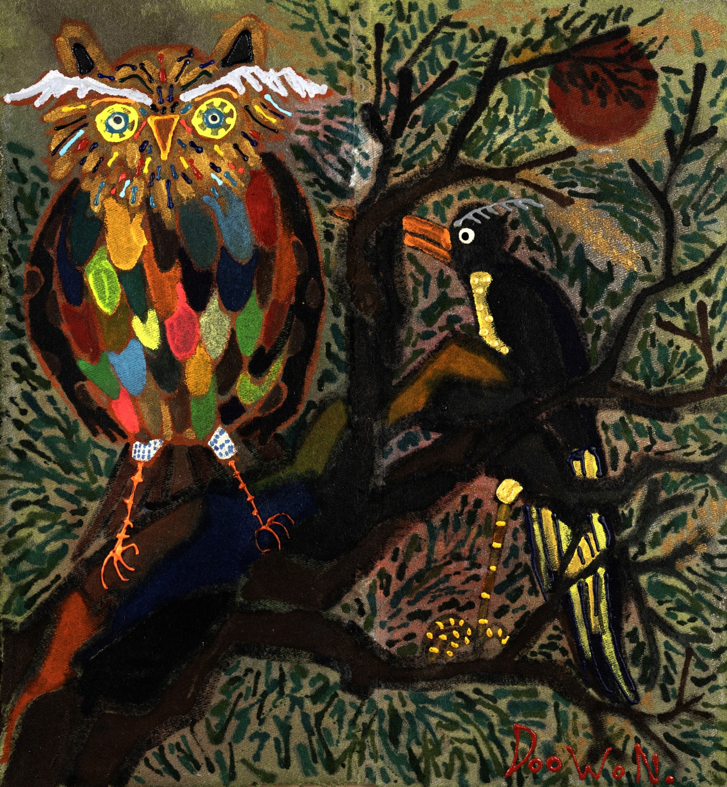 Multicolored Owl and the Bird on the Pine Tree