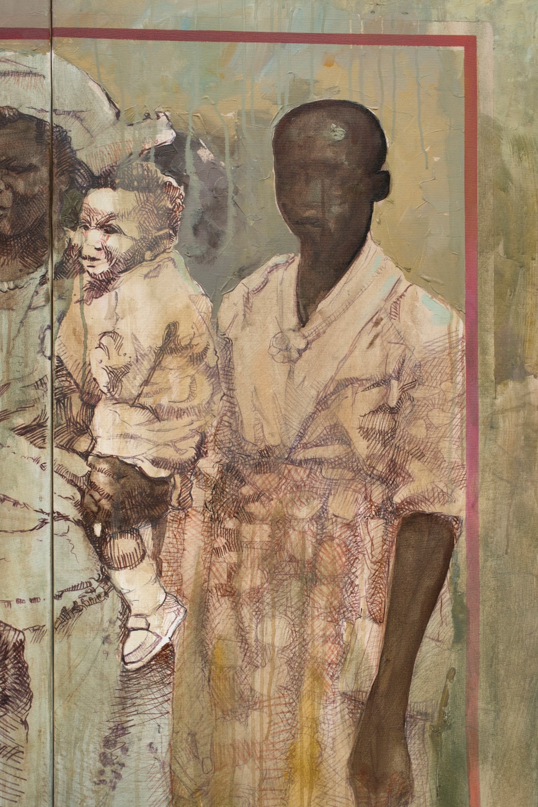 Detail 3 of Idea of Camaraderie, 2022 by Nigerian painter Chinemerem Omeh, figurative artwork exploring family and kinship, ACA Galleries exhibition in New York.