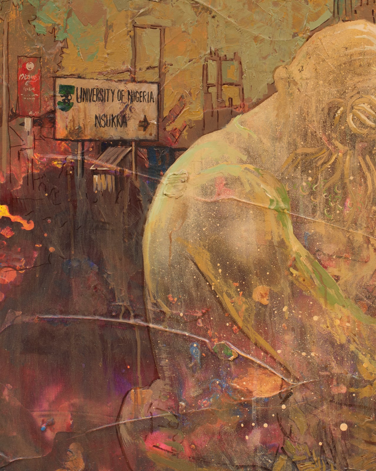 Details of sign Cross Road, 2025 by Nigerian artist Chinemerem Omeh, figurative painting reflecting choice and transformation, exhibited at ACA Galleries NYC.