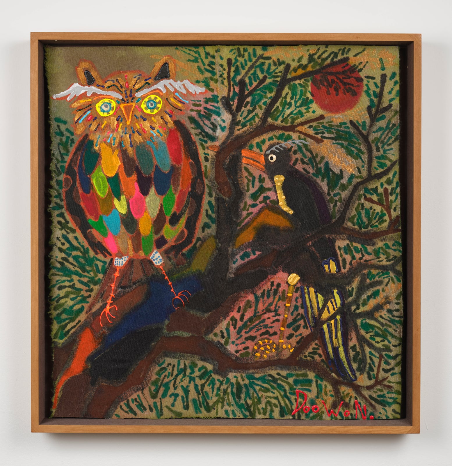 Doowon Lee, Multicolored Owl and the Bird on the Pine Tree, 2025