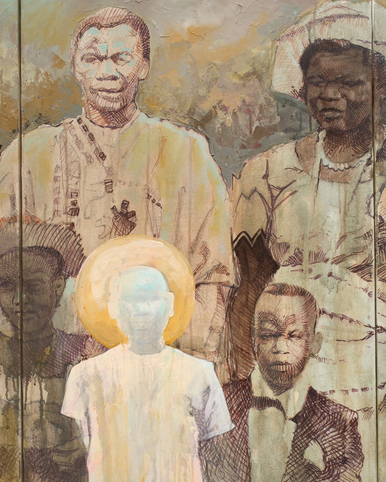 Detail 2 of Idea of Camaraderie, 2022 by Nigerian painter Chinemerem Omeh, figurative artwork exploring family and kinship, ACA Galleries exhibition in New York.