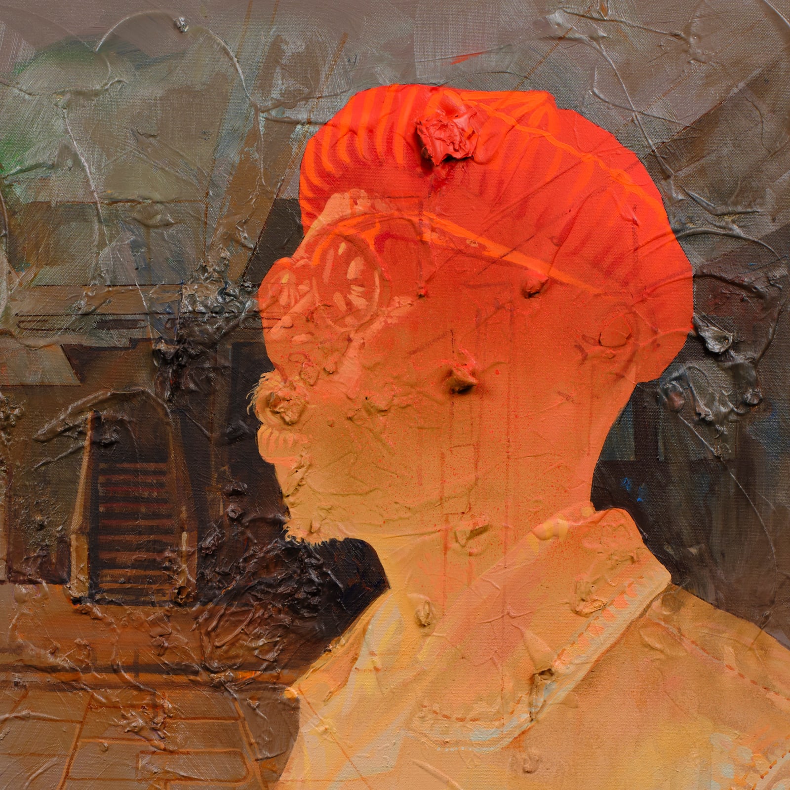 Detail of subject in Edge, 2025 painting by Chinemerem Omeh, contemporary figurative Nigerian art exploring identity and transition, ACA Galleries Chelsea New York.