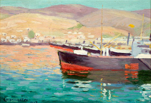 Boat with Greenish Water and Mountains