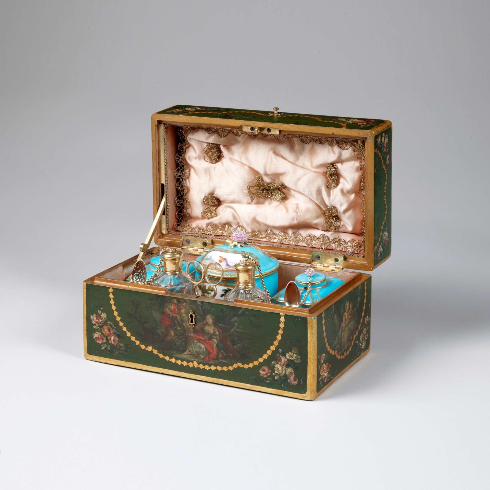 Sèvres Porcelain, A ‘Vernis Martin’ Box containing Sèvres Porcelain Tea Caddies and a Sugar Bowl, 1760