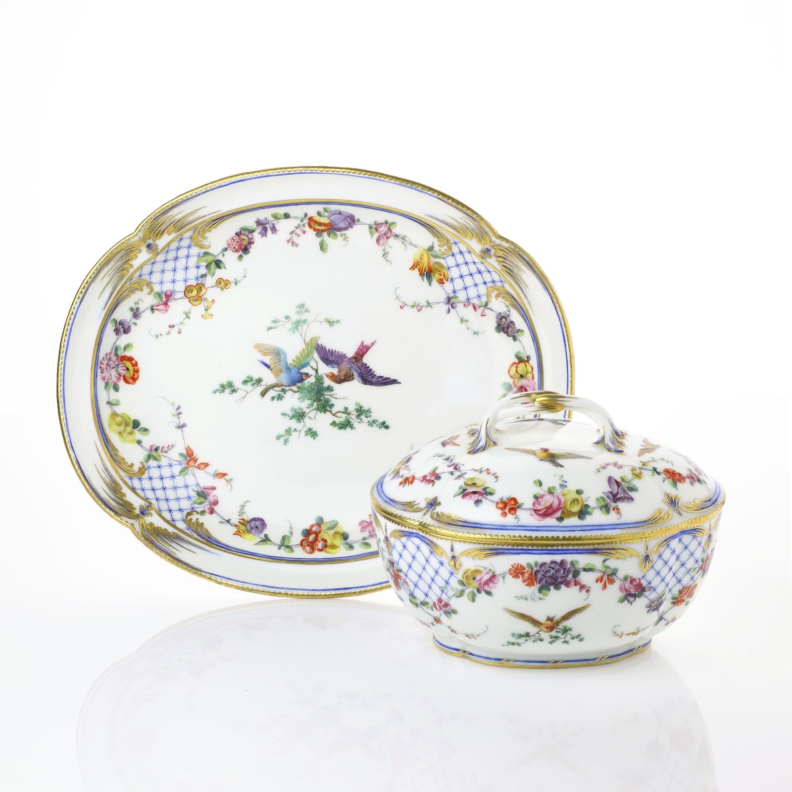 Sèvres Porcelain, A French 18th Century Soft-Paste Vincennes Porcelain Sugar Bowl, Cover and Stand, 1756