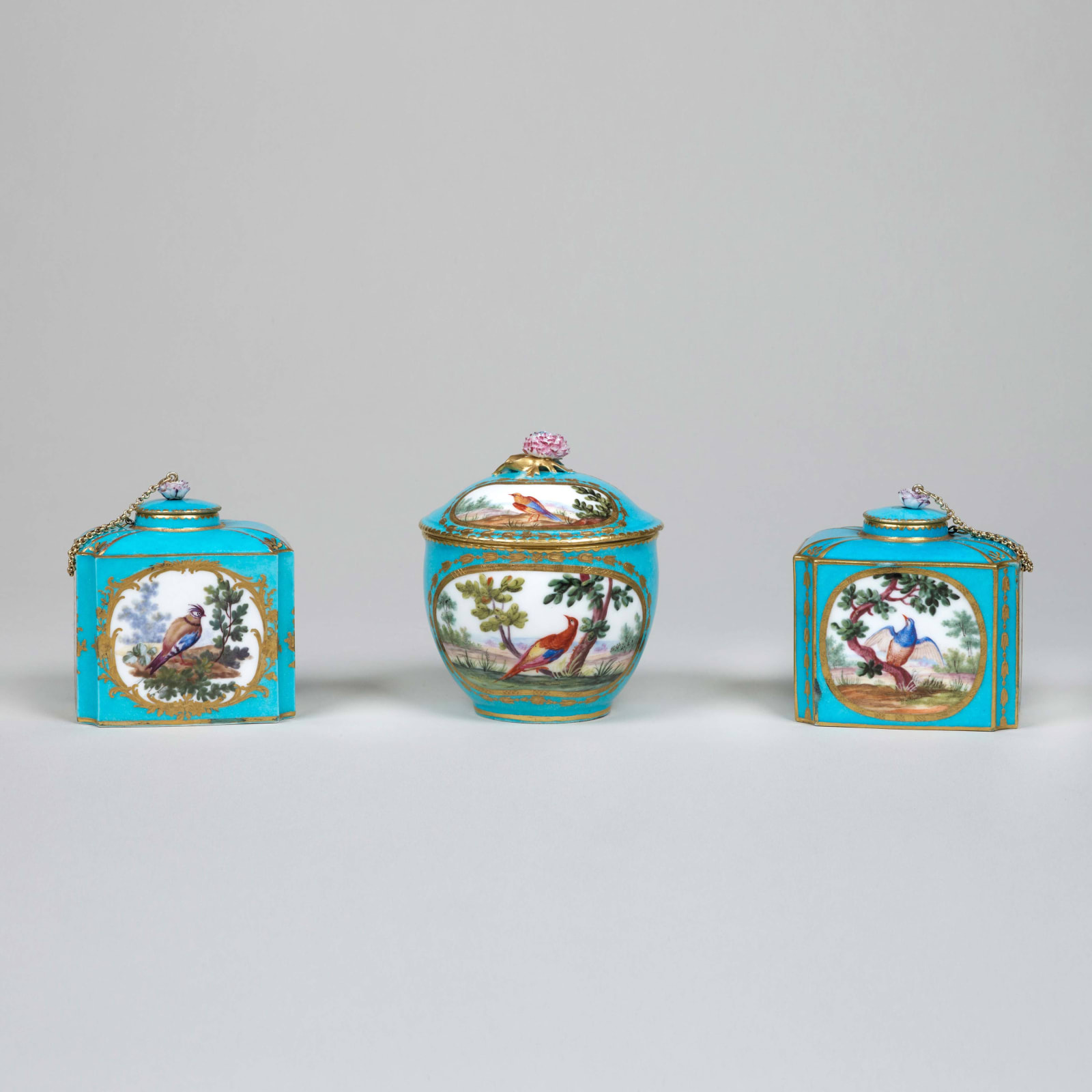 Sèvres Porcelain, A ‘Vernis Martin’ Box containing Sèvres Porcelain Tea Caddies and a Sugar Bowl, 1760