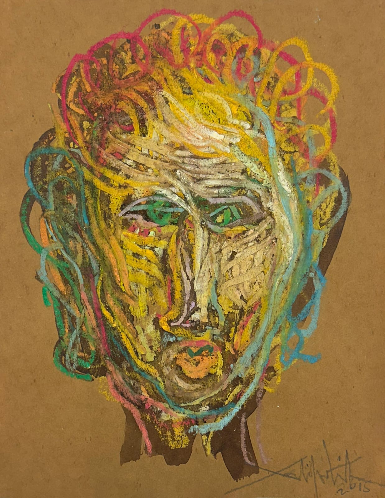 Salifou Lindou painting. Cameroonian Artist. Contemporary African art in Paris. AFIKARIS Gallery Paris. Mixed media on paper. Figurative portraits. Duality of human beings. Observation of society. Cercle Kapsiki.