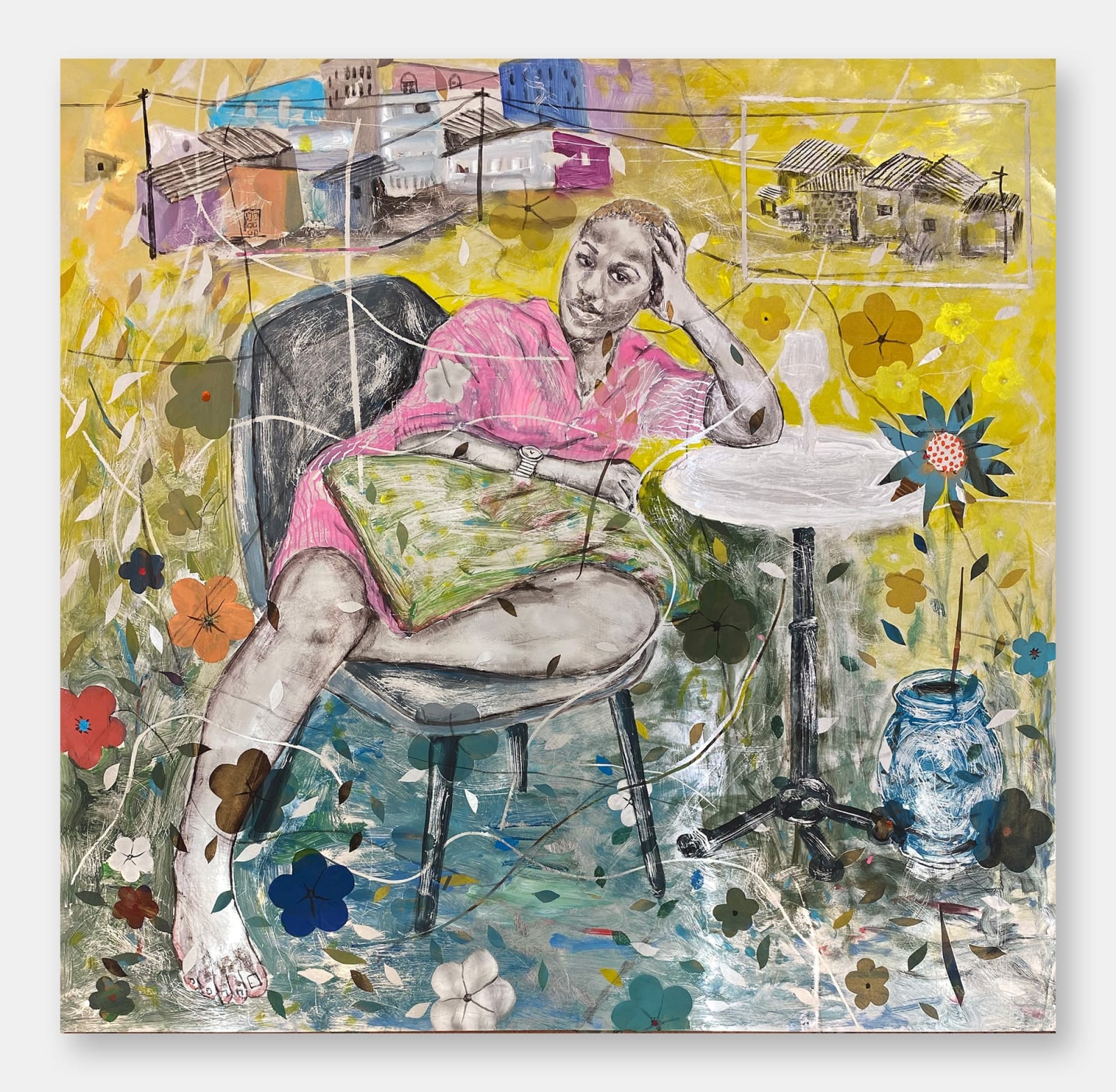 Salifou Lindou painting. Cameroonian Artist. Contemporary Art from Africa. AFIKARIS Paris. Contemporary art gallery in Paris. Sculpture. Figurative portraits. Observation of society. Cercle Kapsiki.