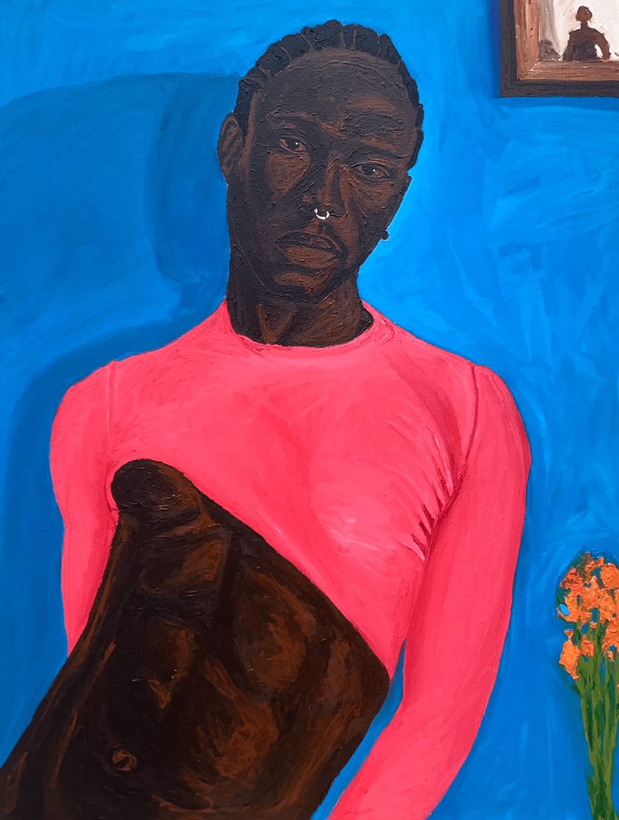 Matthew Eguavoen painting. Nigerian Artist. Contemporary Art Gallery. Oil on canvas. Figurative painting with a photographic vision. Mental health. Family portraits. Black Vanguard movement.