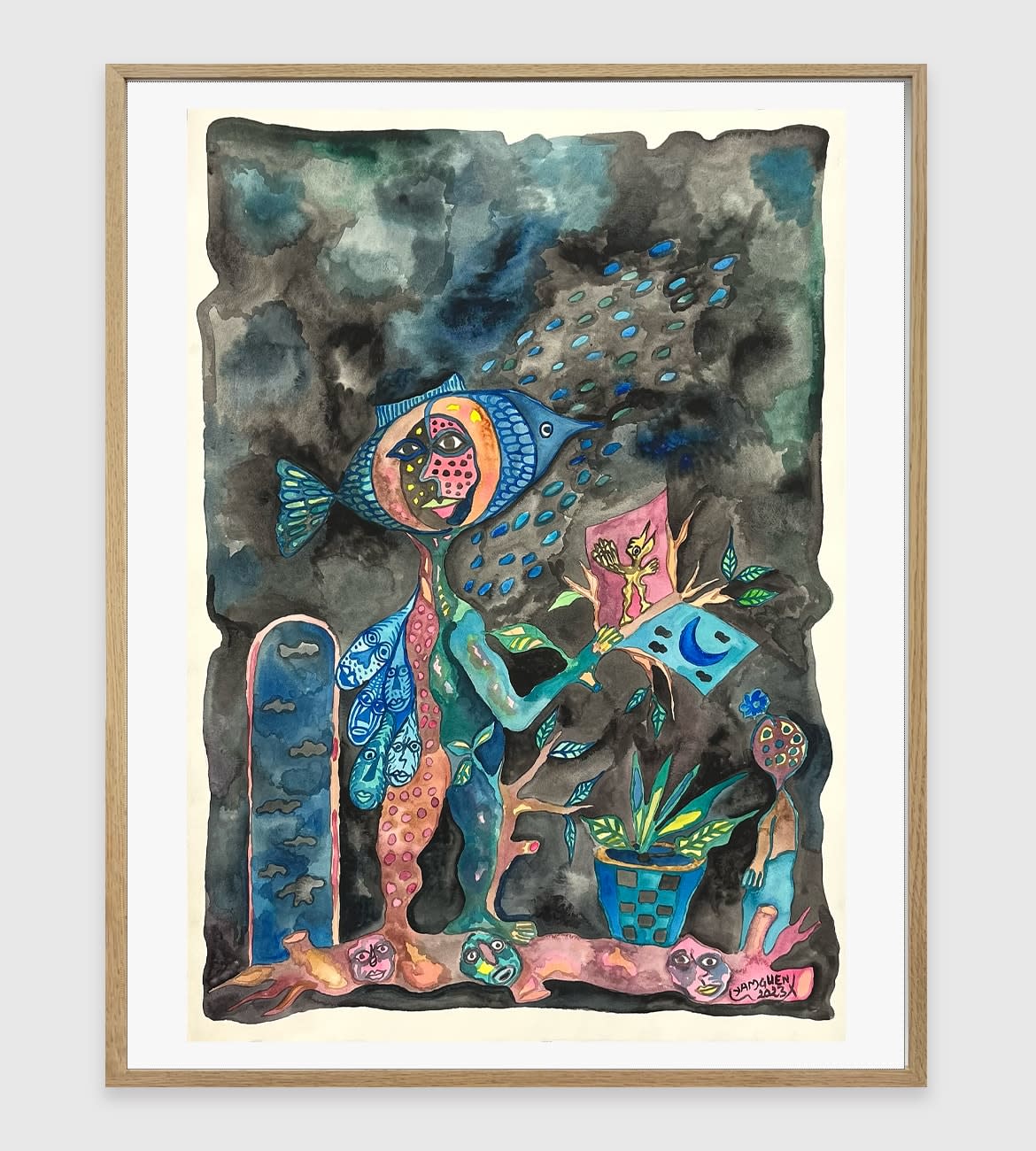 Hervé Yamguen painting. Cameroonian historical Artist. Contemporary African art in Paris. Acrylic on paper. Colorful painting. Abstract Figurative. Cercle Kapsiki.